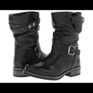 Black leather mid boots with buckles
